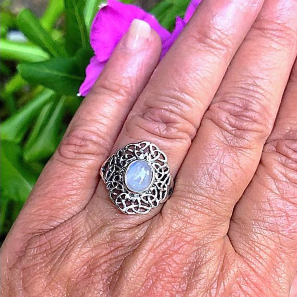 Celtic Trinity Knot Rainbow Moonstone .925 Ring